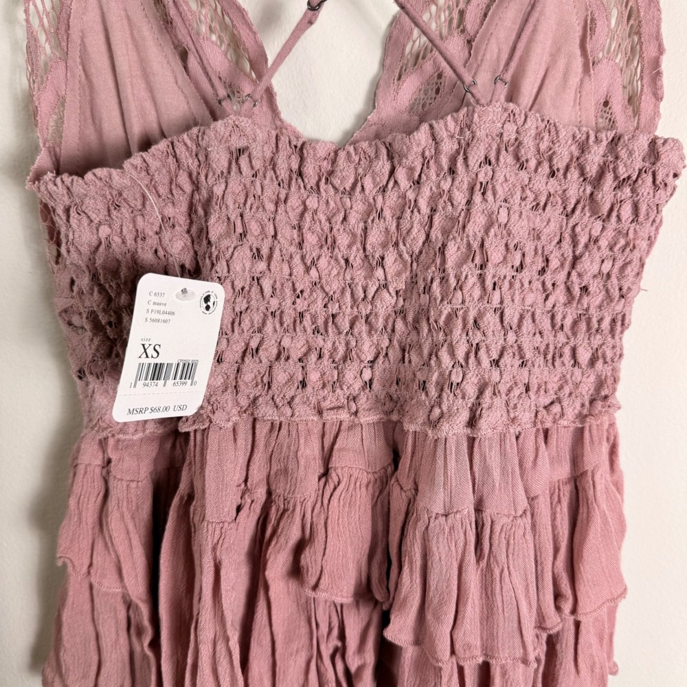 Free People Mauve Lace Ruffle Cami Top Smocked Back XS F19L04406 - Picture 6 of 7